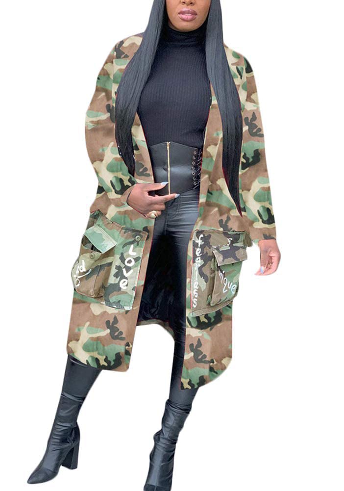 Vakkest Women Casual Camo Blazer Jacket Letter Print Long Sleeve Long Outwear Coat with Pockets Oversize Cardigan - Image 1